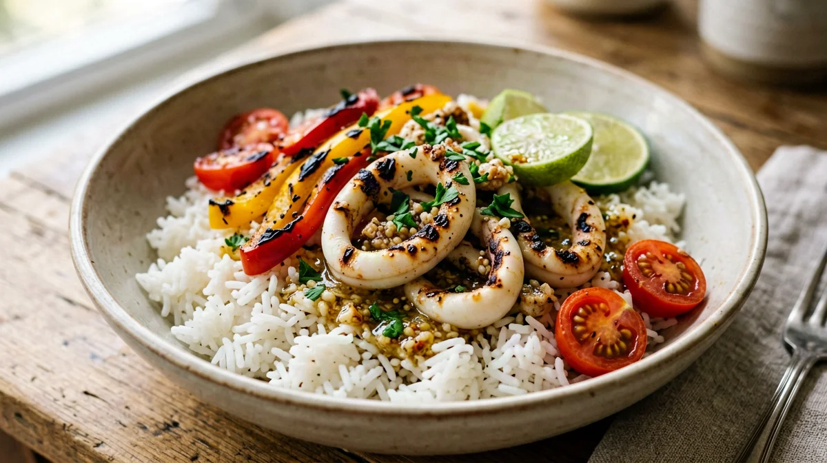 Bowl di calamari scottati con riso basmati, peperoni e lime