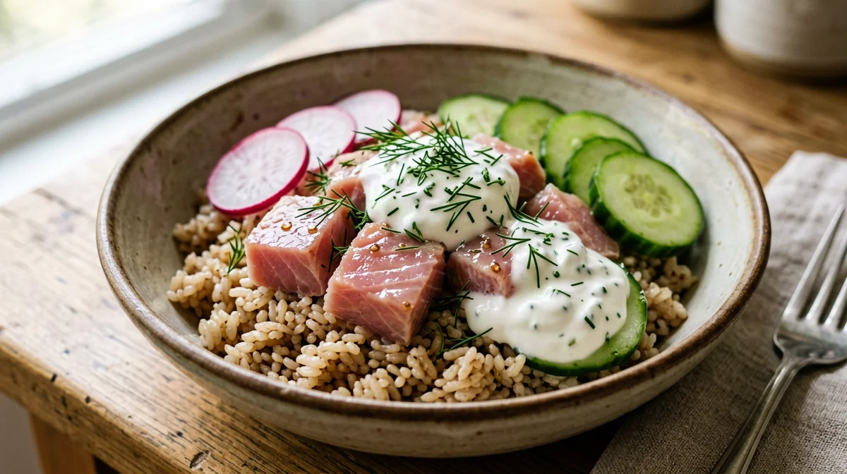 Poke nordico di trota marinata con riso integrale e ravanelli