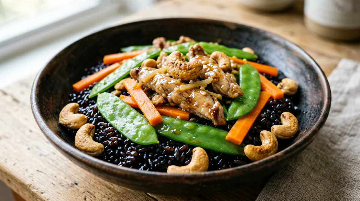 Bowl di pollo allo zenzero con riso Venere, taccole e anacardi
