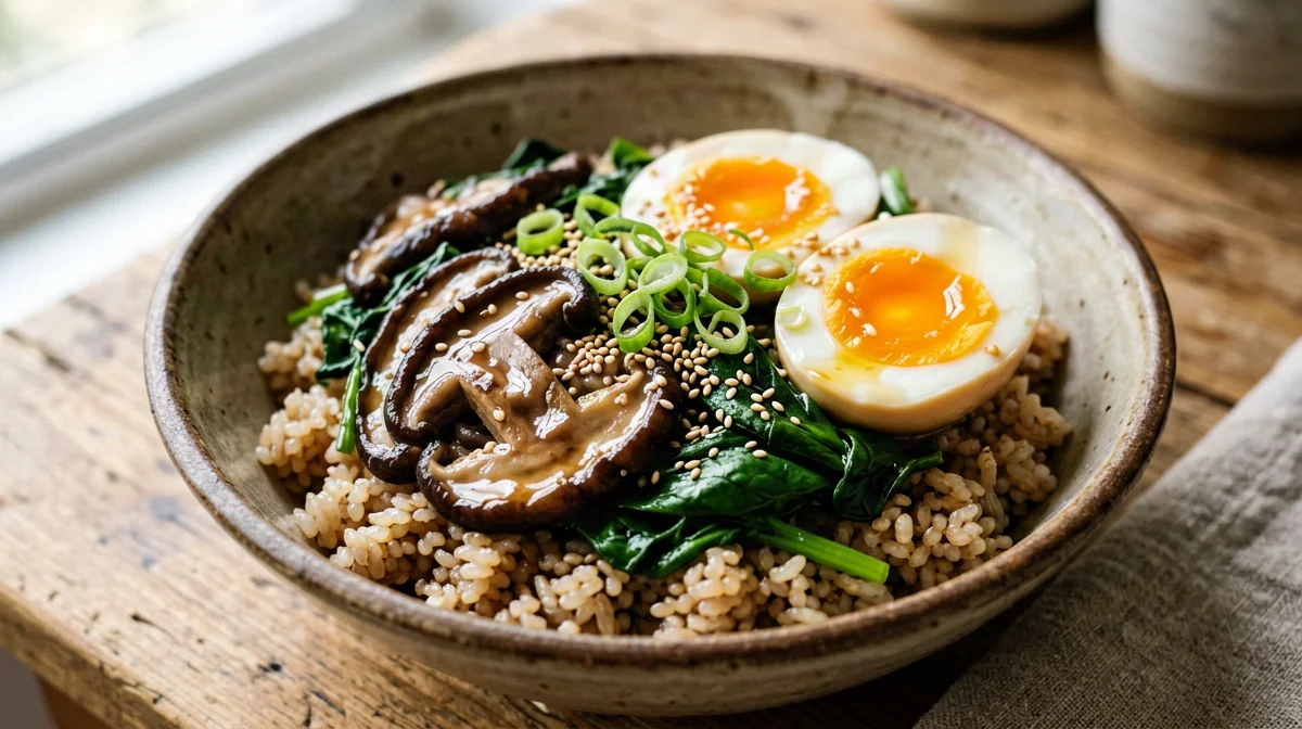 Bowl di riso integrale con uova, shiitake e spinaci
