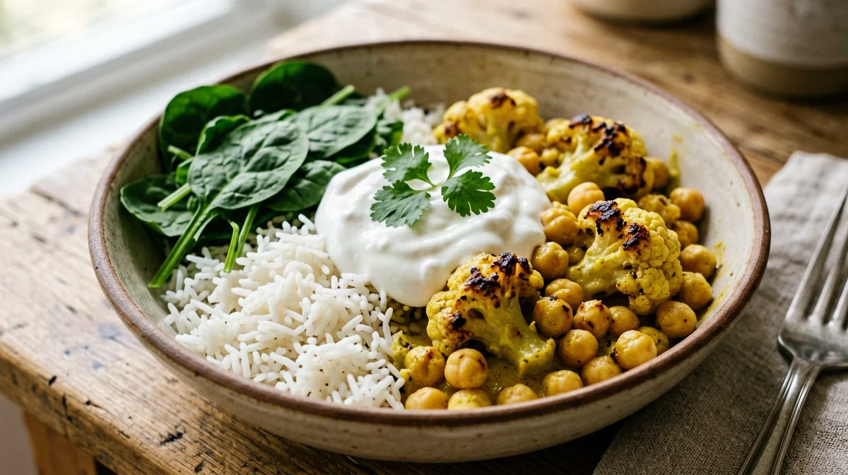 Bowl di cavolfiore al curry con ceci e riso basmati