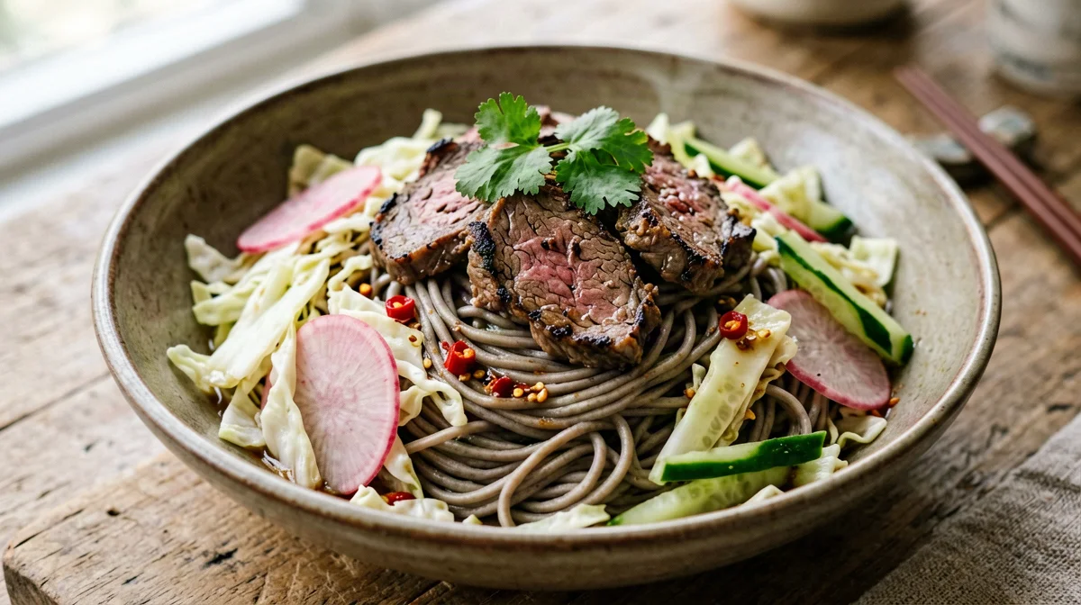 Seared beef bowl with soba, Chinese cabbage and lime