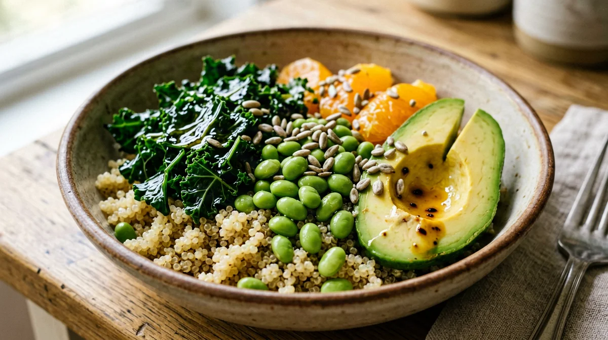 Winter quinoa bowl with edamame, kale and orange