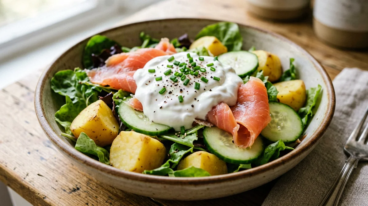 Bowl di salmone affumicato con patate, cetriolo e yogurt al rafano
