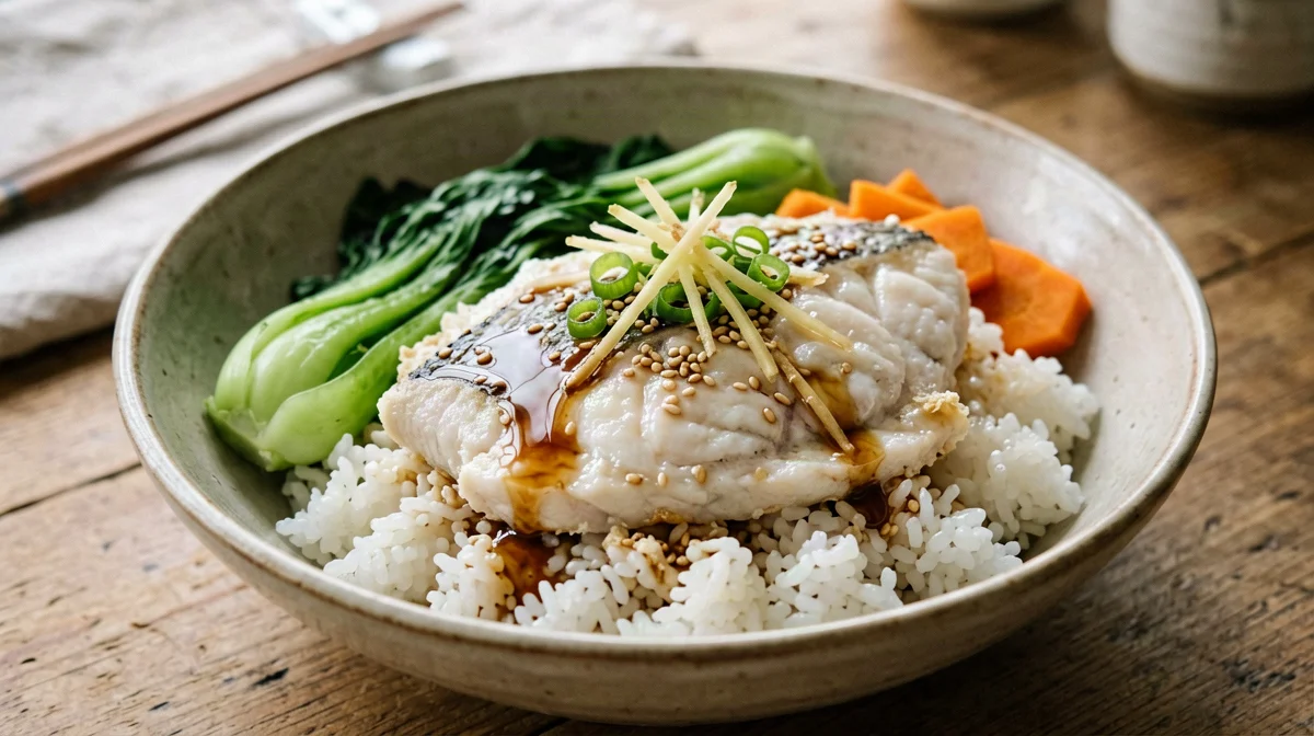 Bowl di merluzzo al vapore con riso jasmine e verdure allo zenzero