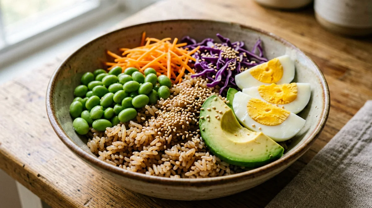 Edamame and boiled egg bowl with brown rice and avocado