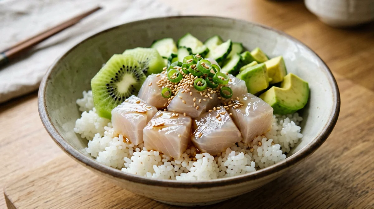 Poke di halibut con riso per sushi, kiwi e cipollotto