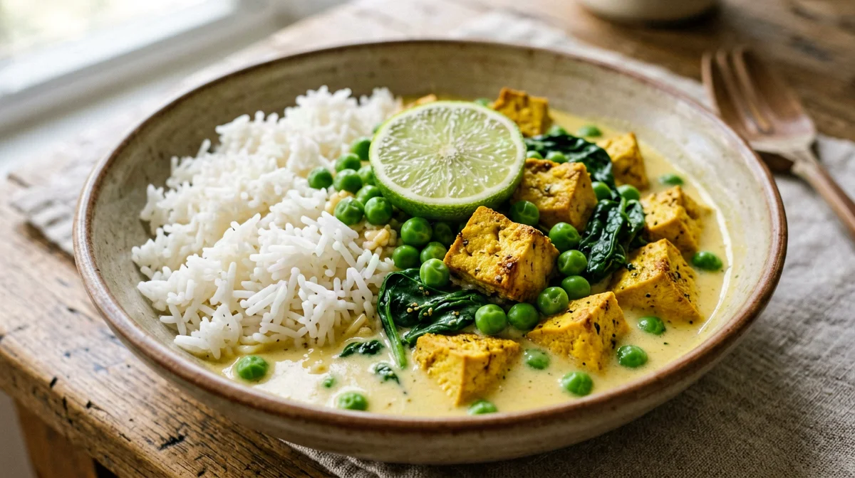 Bowl di tofu alla curcuma con riso basmati, piselli e cocco