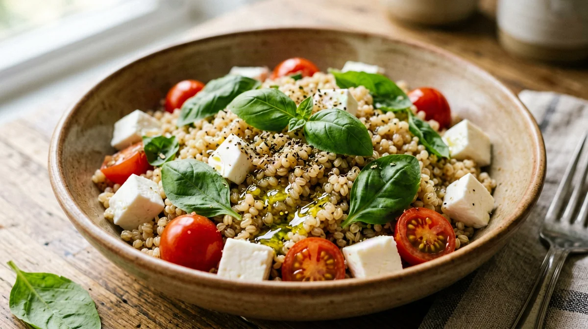 Farro salad with cherry tomatoes, mozzarella and basil