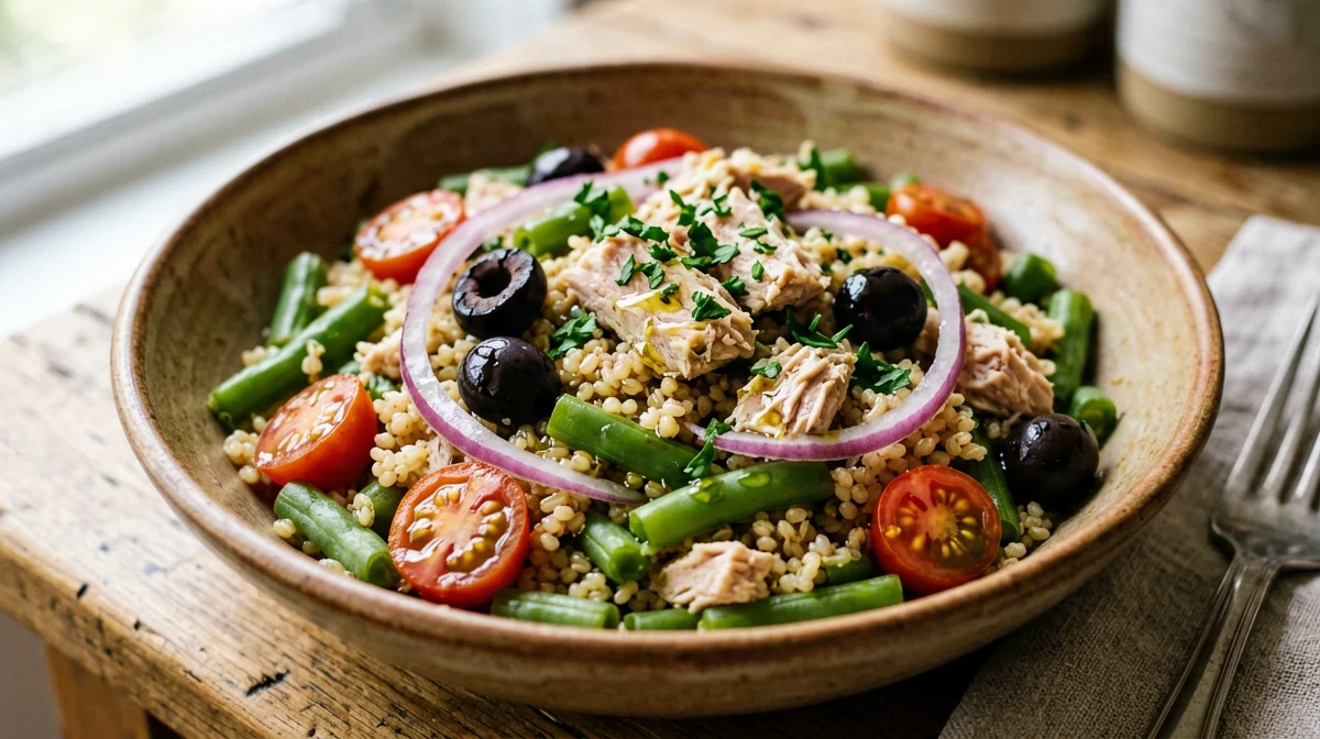 Insalata di farro con tonno, fagiolini e olive nere