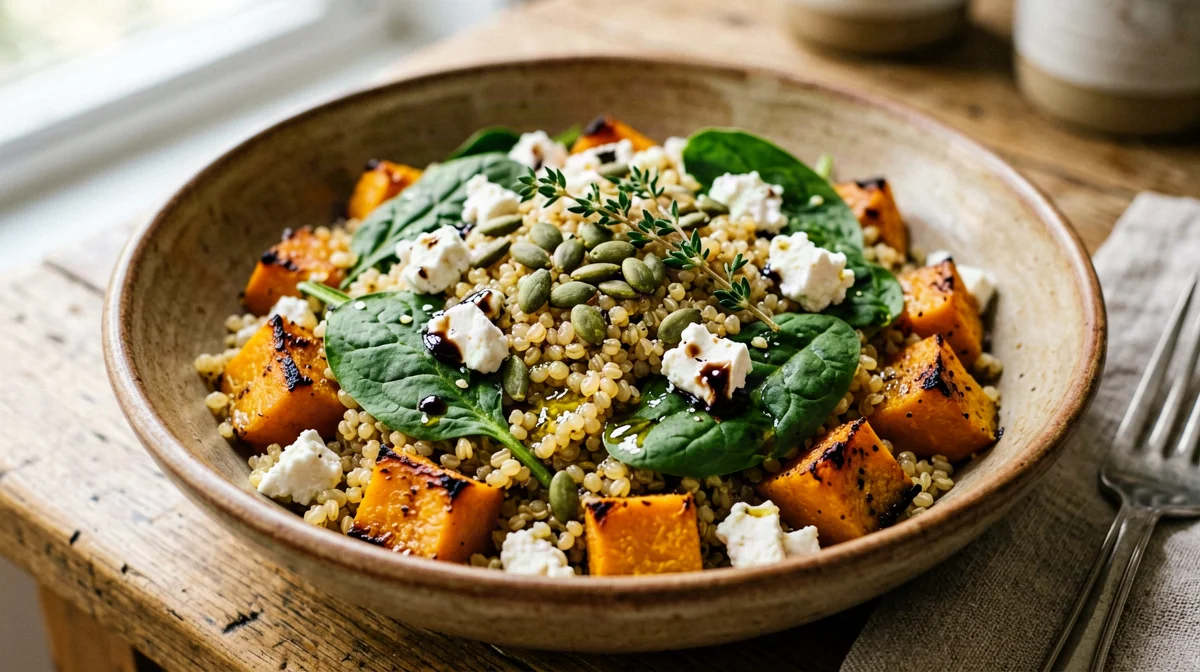 Insalata di farro con zucca arrosto, feta e semi di zucca