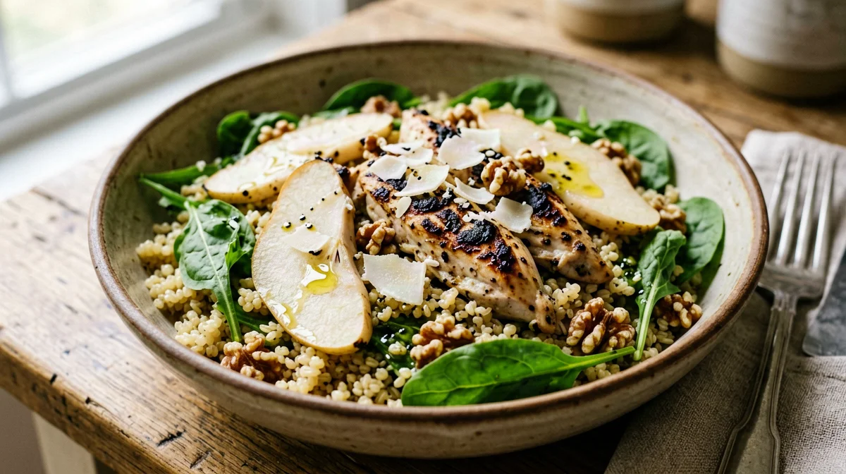 Insalata di farro con pollo, pere, rucola e noci