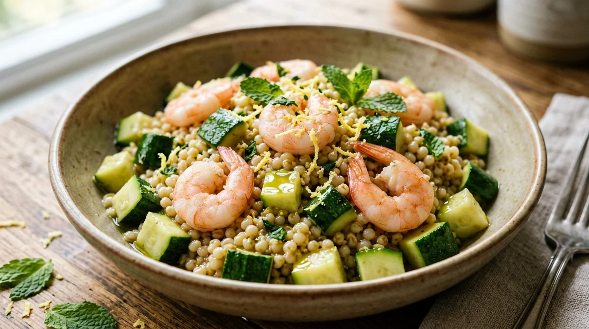Insalata d'orzo con gamberi, zucchine e menta