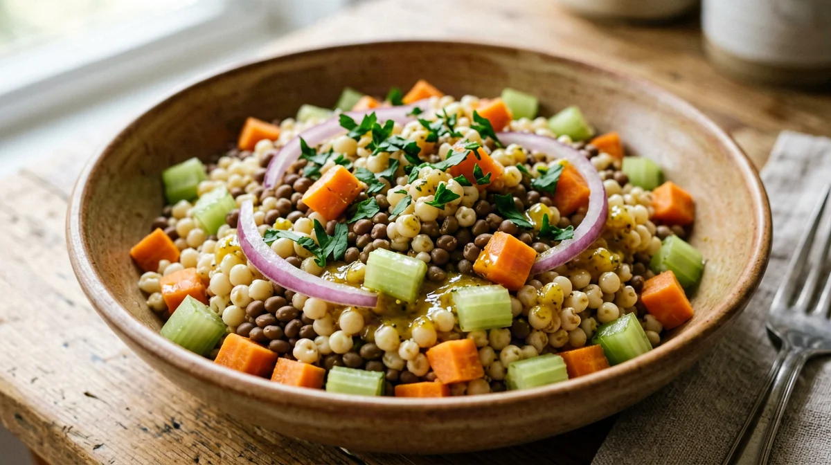 Insalata d'orzo con lenticchie, carote e sedano croccante