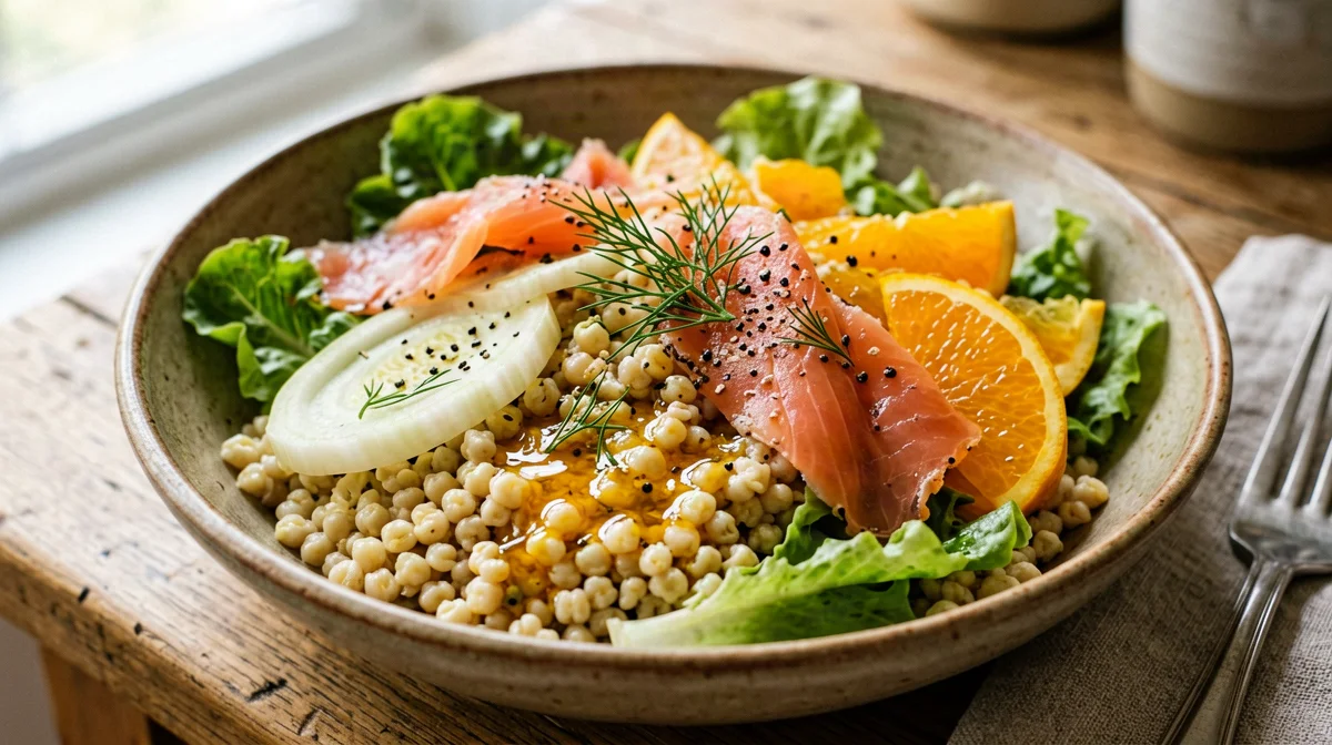 Insalata d'orzo con salmone affumicato, finocchio e arancia