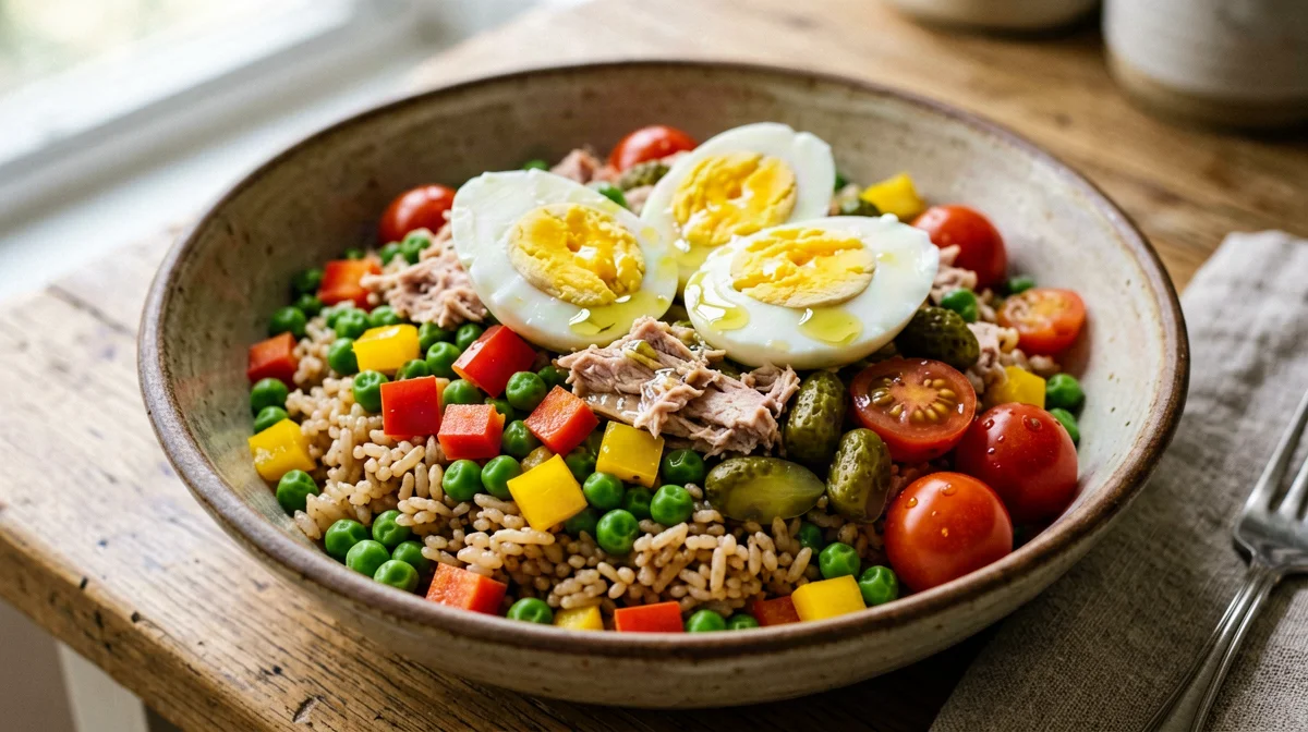 Brown rice salad with egg, tuna, peas and peppers