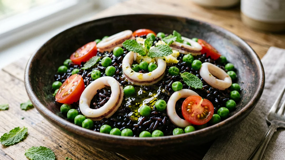 Insalata di riso Venere con calamari, piselli e menta