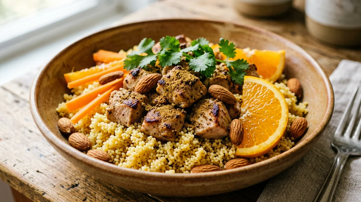 Couscous marocchino con pollo, albicocche e mandorle