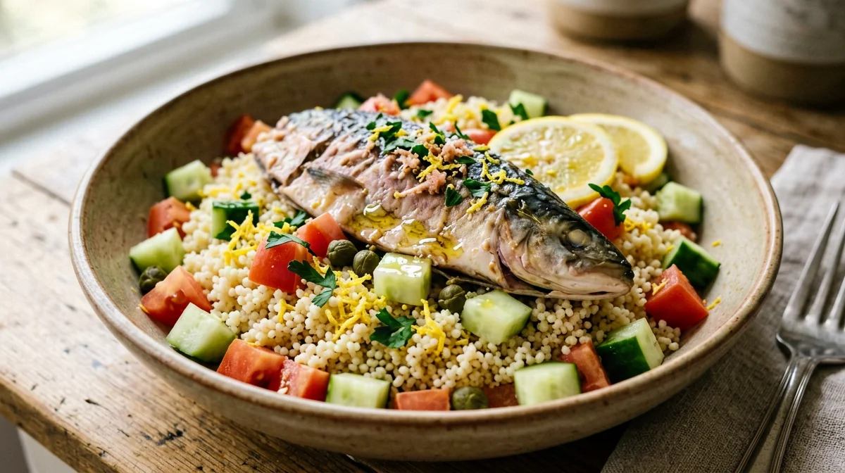 Couscous al limone con sgombro, pomodori e capperi