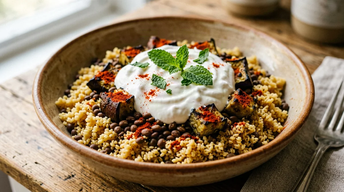 Bulgur con lenticchie, melanzane arrosto e yogurt alla menta