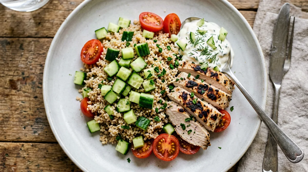 Bulgur with grilled turkey, cucumber and yogurt sauce
