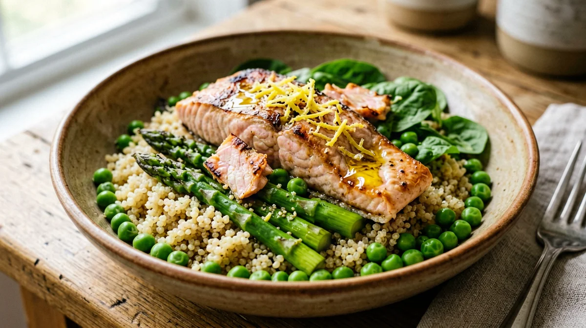 Insalata di quinoa con salmone, asparagi e piselli