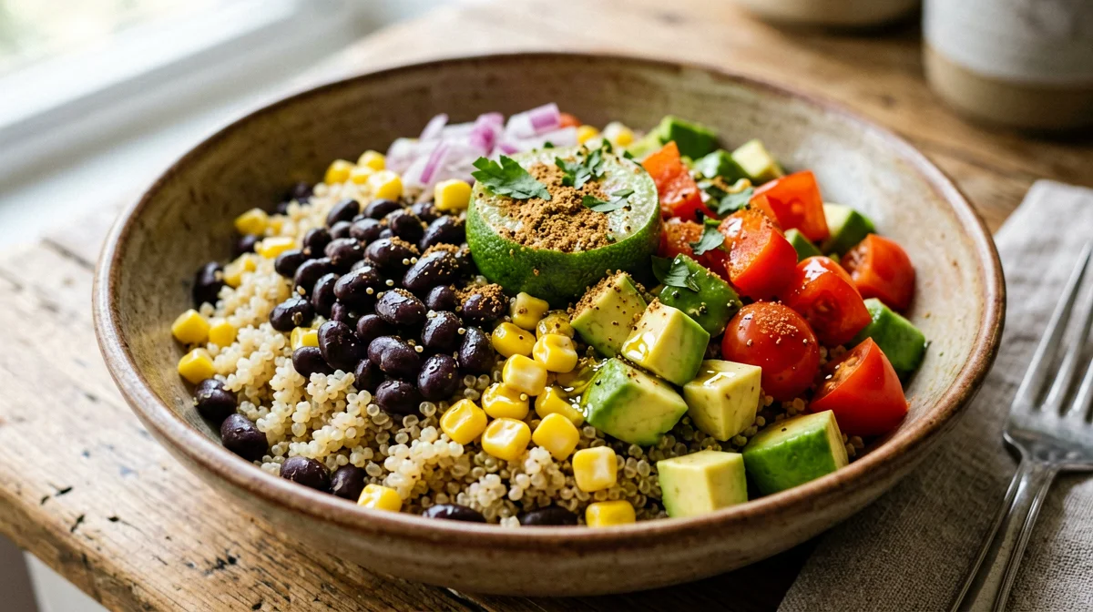 Mexican quinoa salad with black beans, corn and avocado