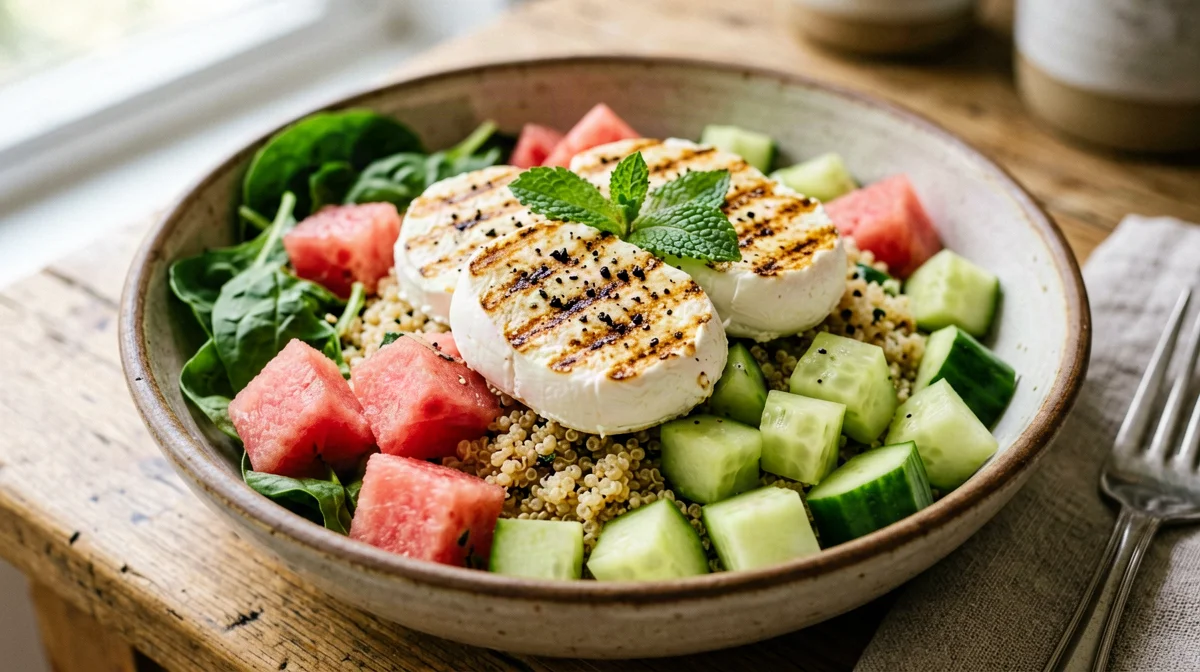 Quinoa salad with grilled halloumi, watermelon and mint