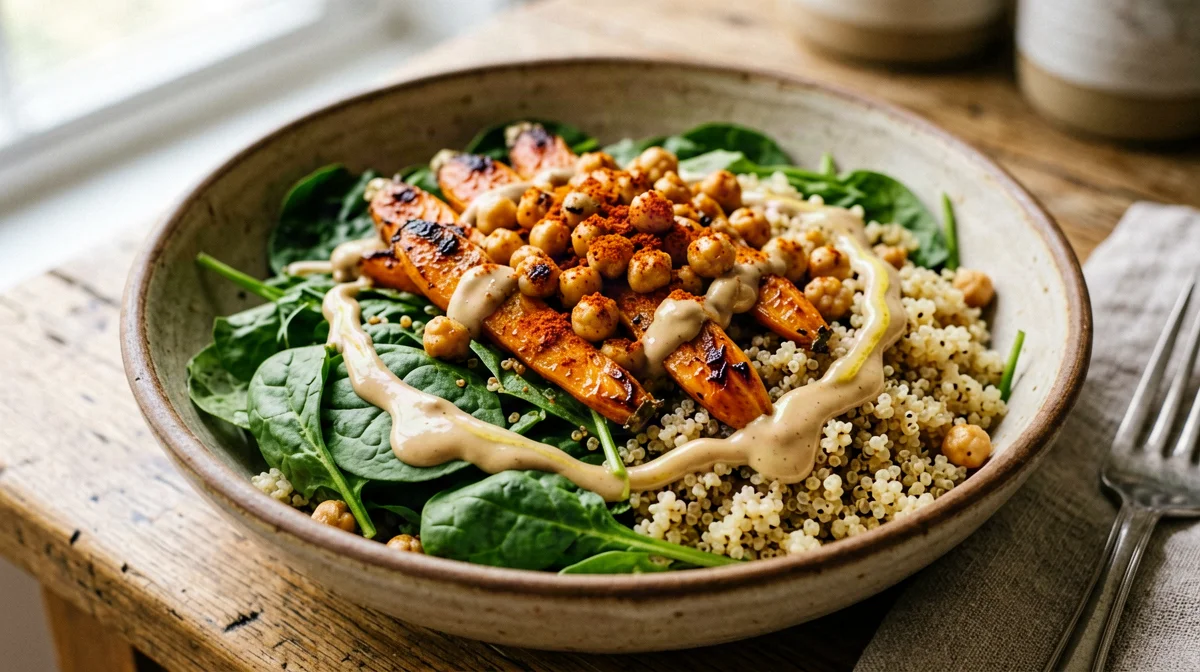 Insalata di quinoa con ceci speziati, carote arrosto e tahina