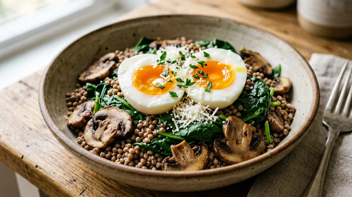 Warm buckwheat with mushrooms, eggs and spinach