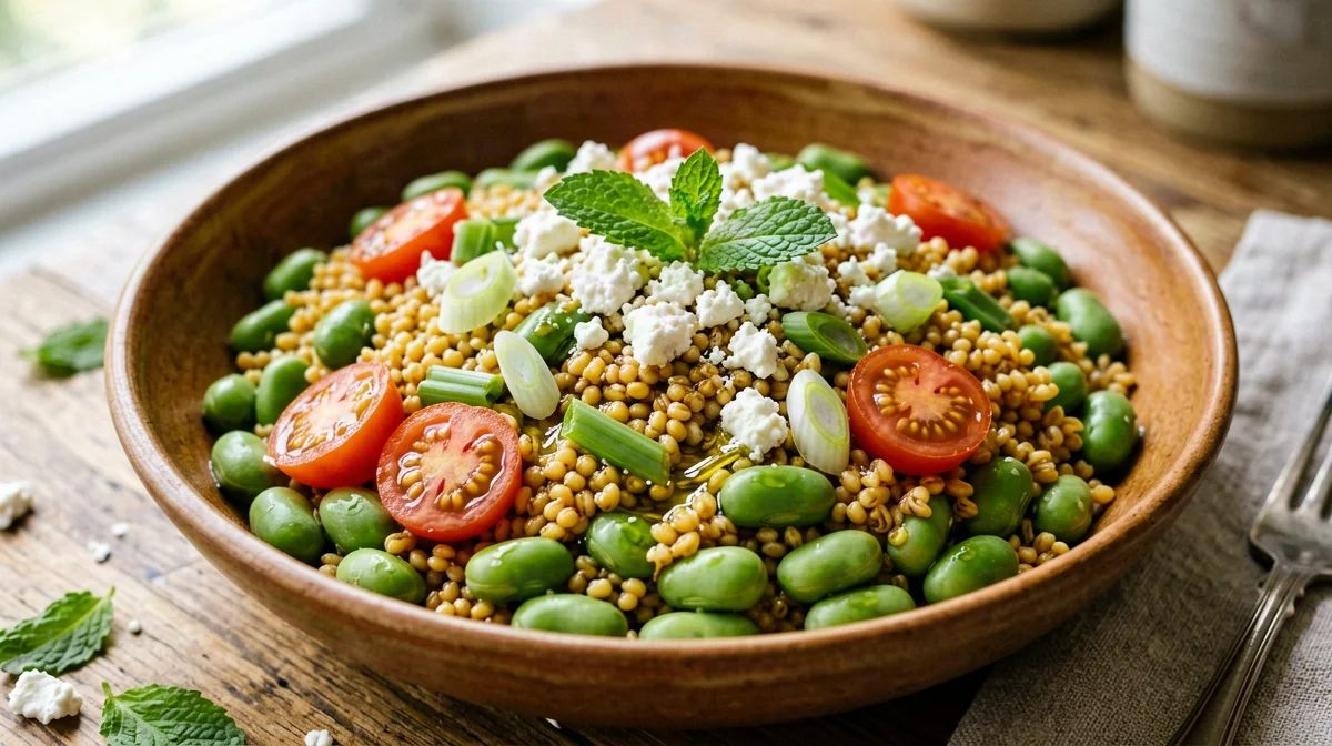 Insalata di kamut con fave, pomodorini e ricotta salata