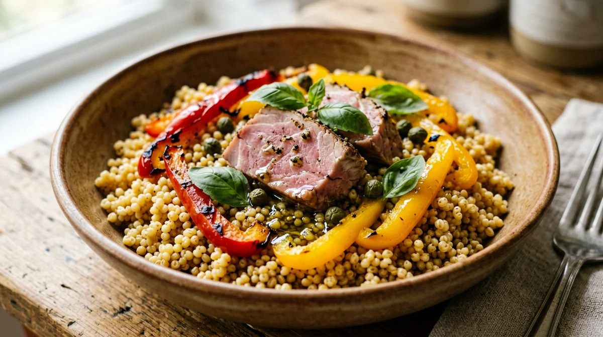 Insalata di kamut con tonno scottato, peperoni e capperi