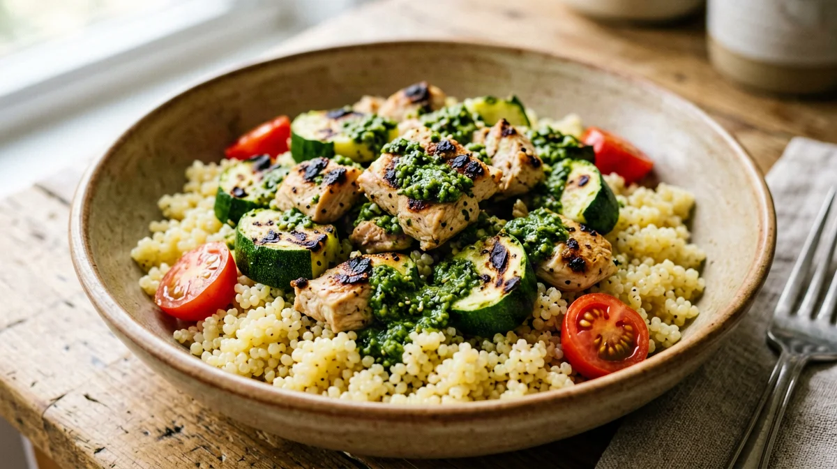 Insalata di miglio con pollo, zucchine e pesto