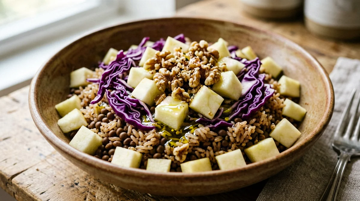 Brown rice salad with lentils, radicchio and walnuts