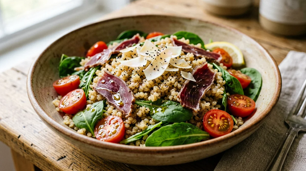 Farro salad with bresaola, rocket and Grana shavings