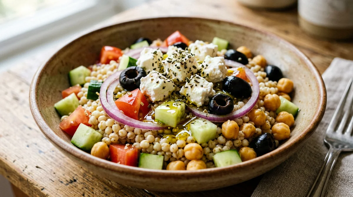 Insalata greca d'orzo con feta, olive e cetriolo
