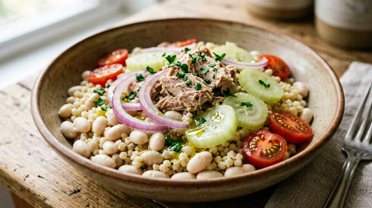 Barley salad with cannellini beans, tuna and red onion
