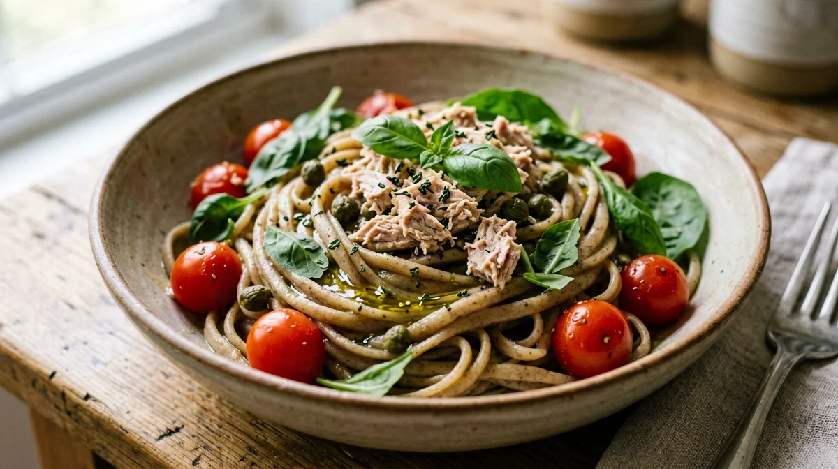 Pasta fredda integrale con pomodorini, tonno e capperi