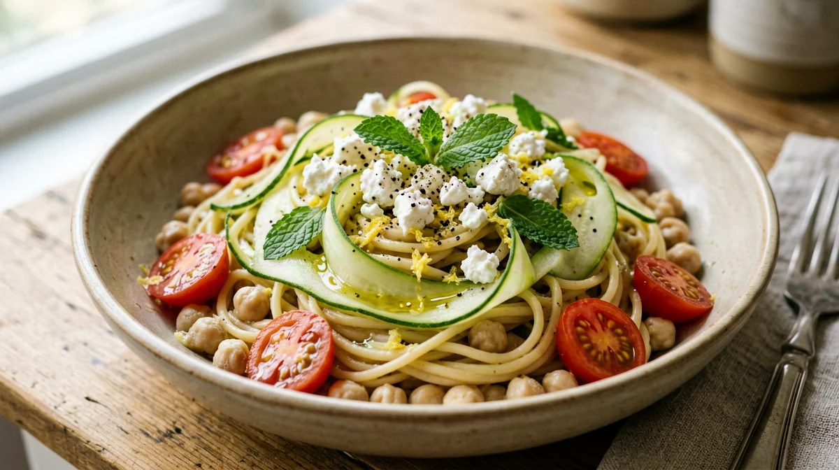 Pasta di ceci fredda con zucchine, menta e feta