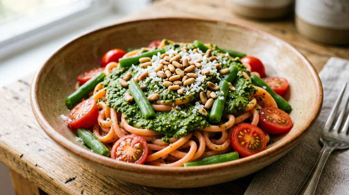 Pasta di lenticchie rosse fredda con pesto e fagiolini