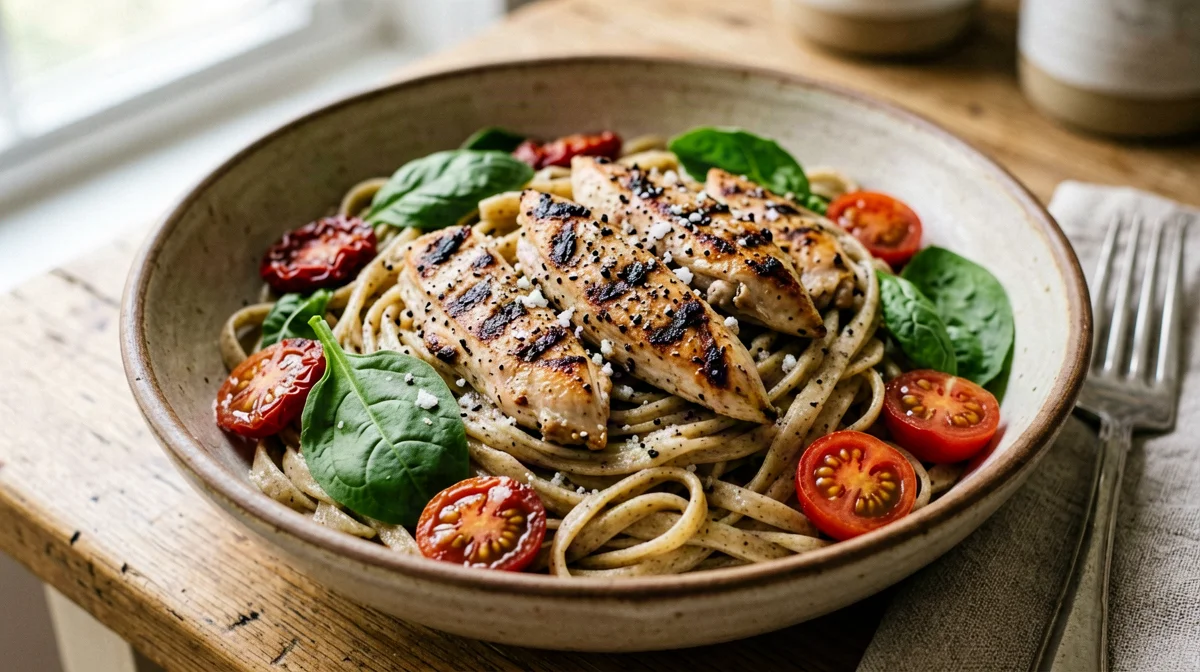 Pasta fredda con pollo grigliato, rucola e pomodori secchi