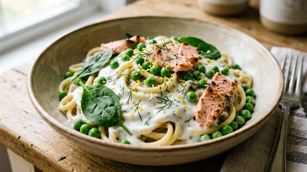 Pasta fredda con salmone, piselli e yogurt all'aneto