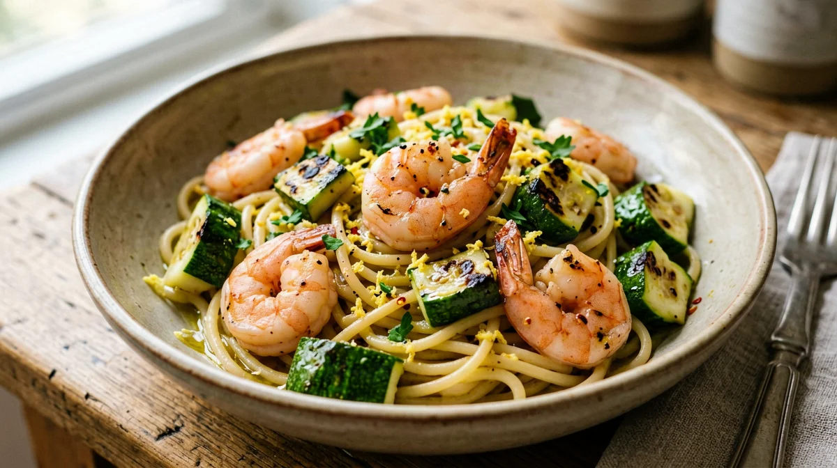Pasta fredda con gamberi, zucchine grigliate e limone