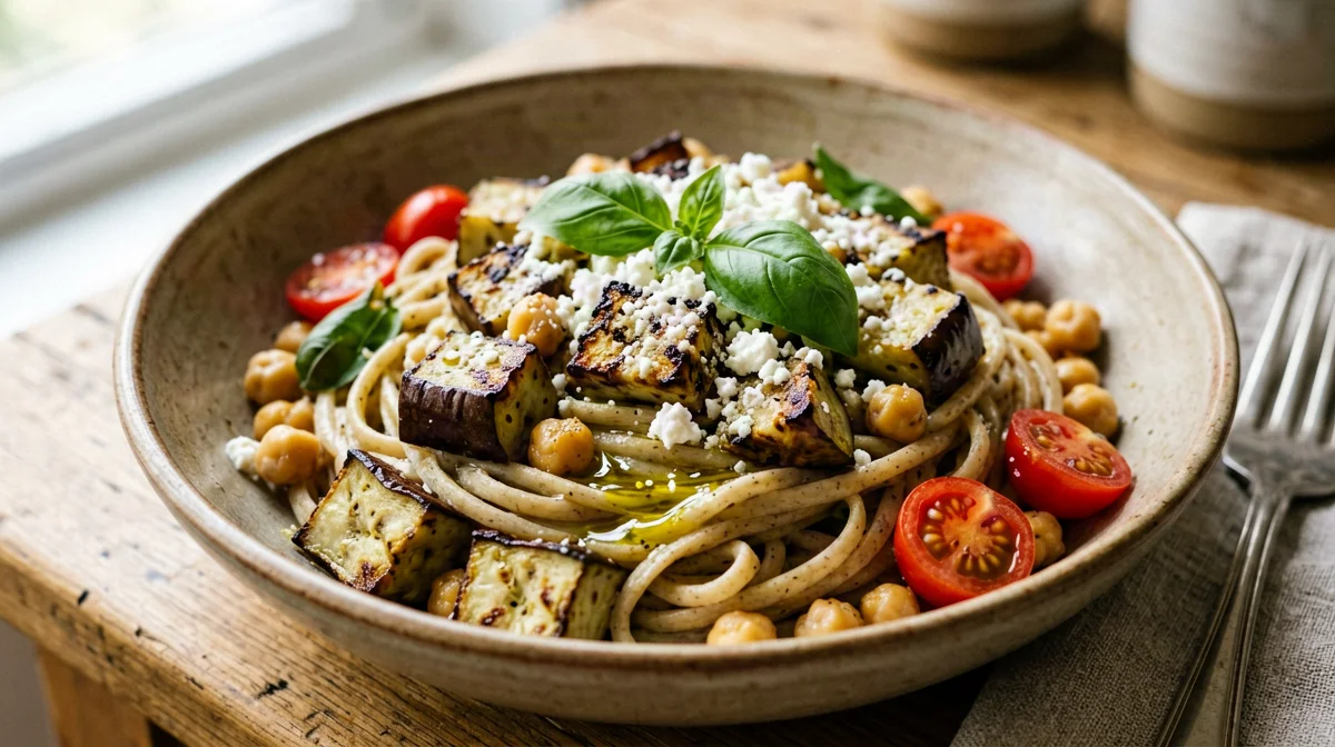Pasta fredda alla Norma con ceci e ricotta salata