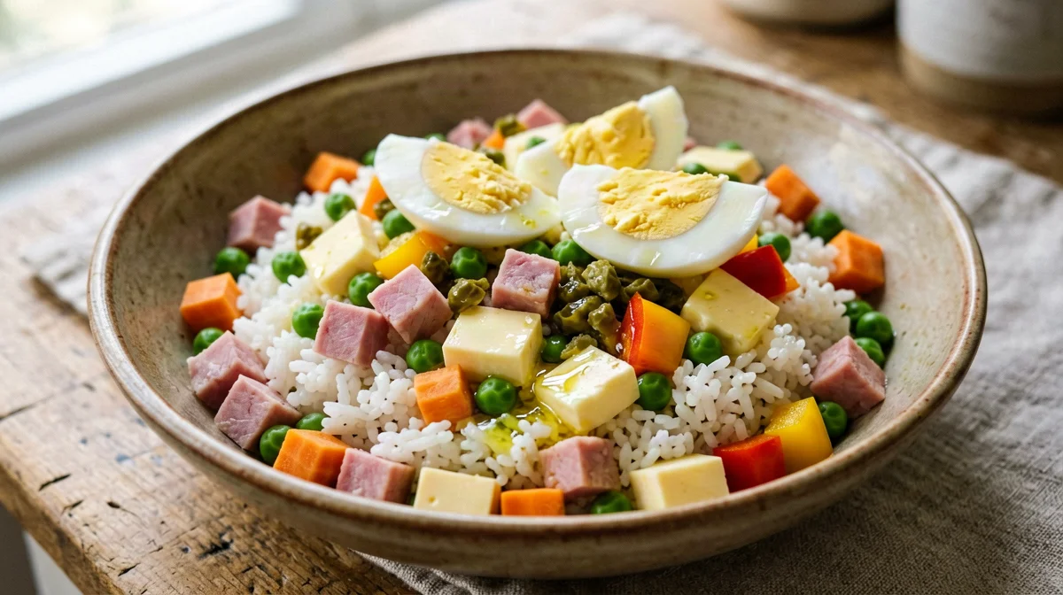 Insalata di riso classica con prosciutto cotto, uova ed emmental