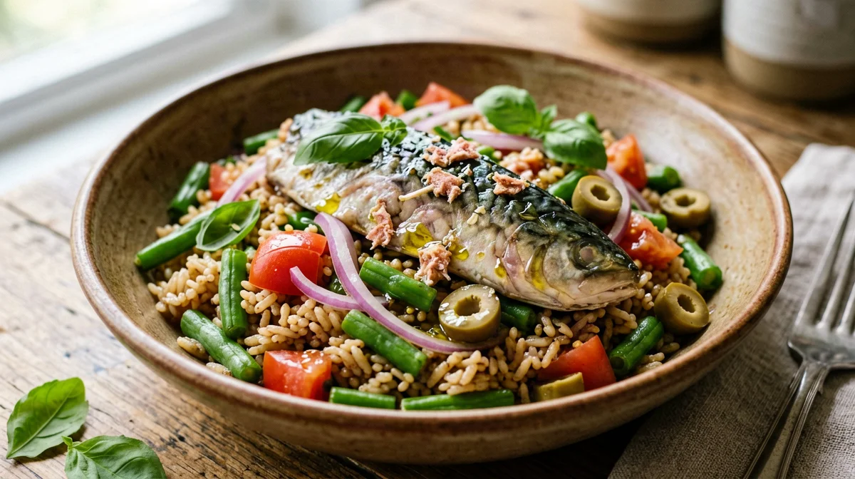Insalata di riso integrale con sgombro, fagiolini e pomodori