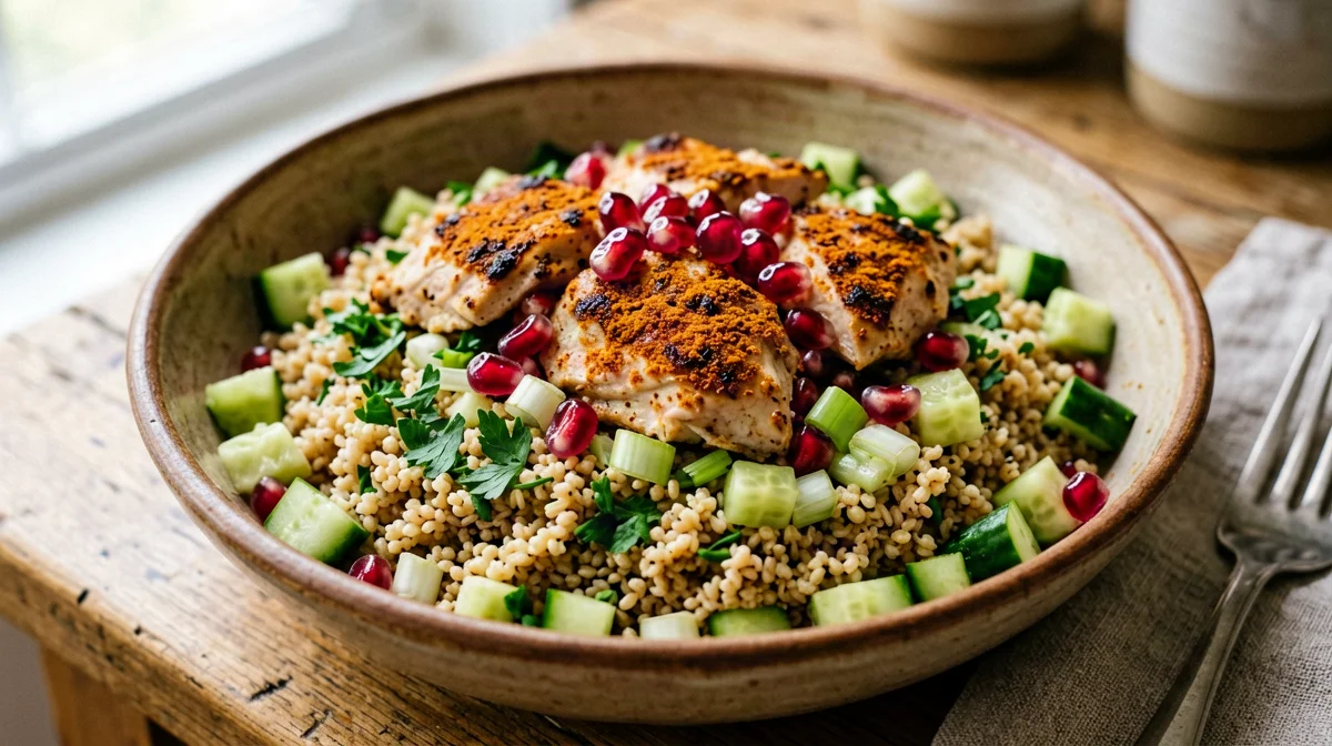 Bulgur with chicken, pomegranate and parsley