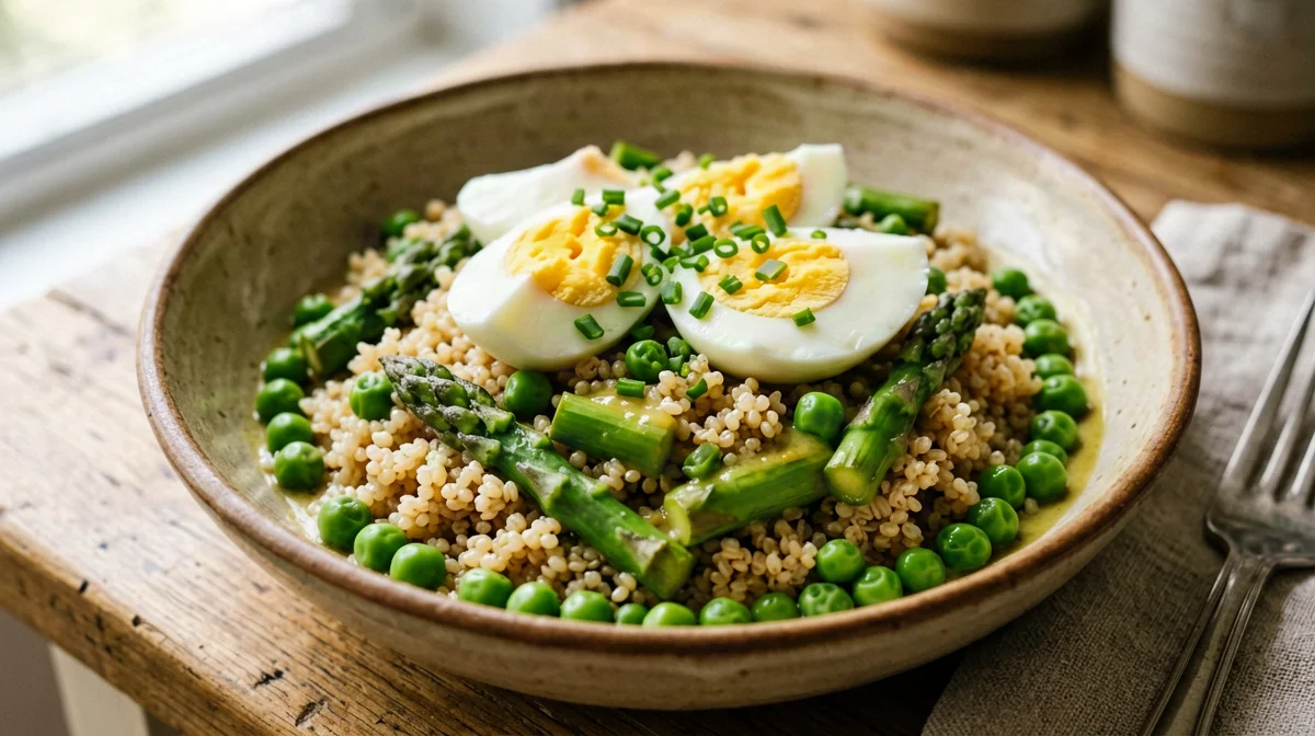 Insalata di farro con uova, asparagi e piselli