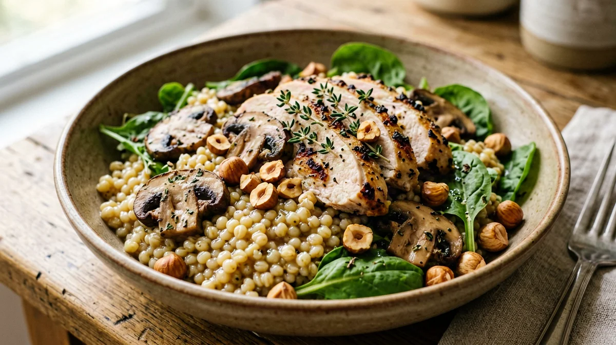 Barley salad with roast turkey, mushrooms and hazelnuts
