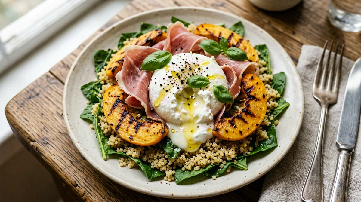Insalata di quinoa con pesche grigliate, prosciutto crudo e burrata